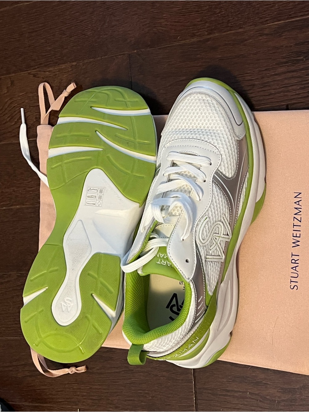 Stuart Weitzman White & Lime Green Mesh Leather Sneakers